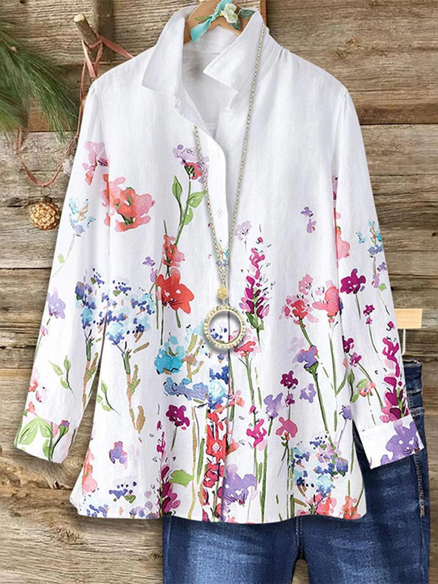 Floral Print Lapel Long Sleeve Casual Comfy Shirt