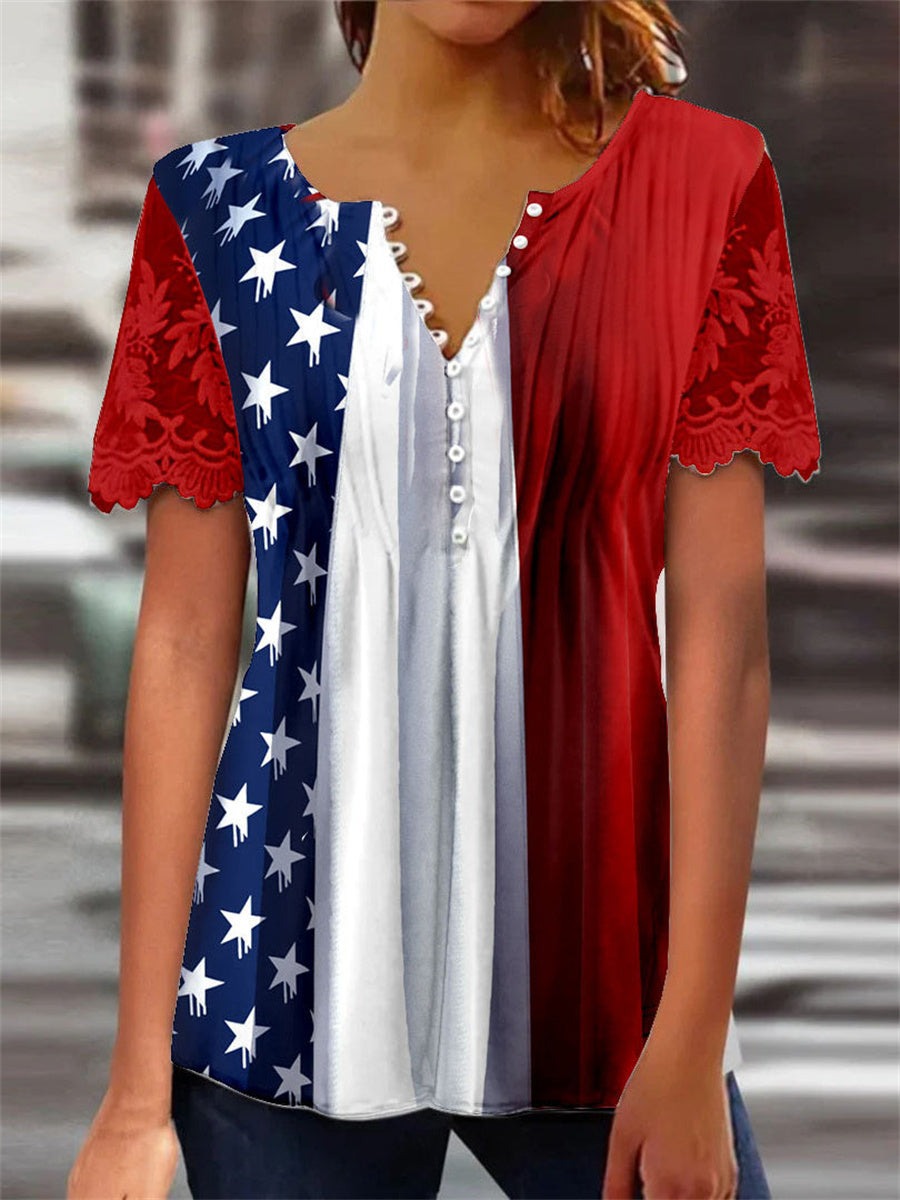 National Flag Print Button V-neck Lace Short Sleeve Casual Blouse