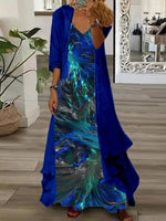 Abstract Print V-neck Long Sleeve Comfy Maxi Dress With Jacket