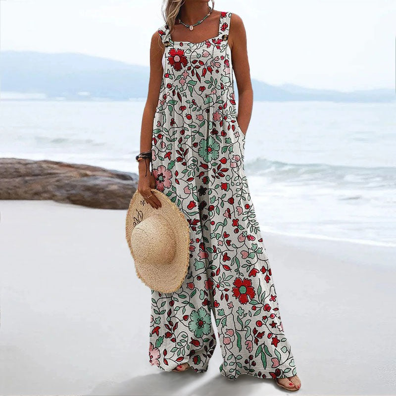Casual Retro Simple Floral Print Jumpsuit
