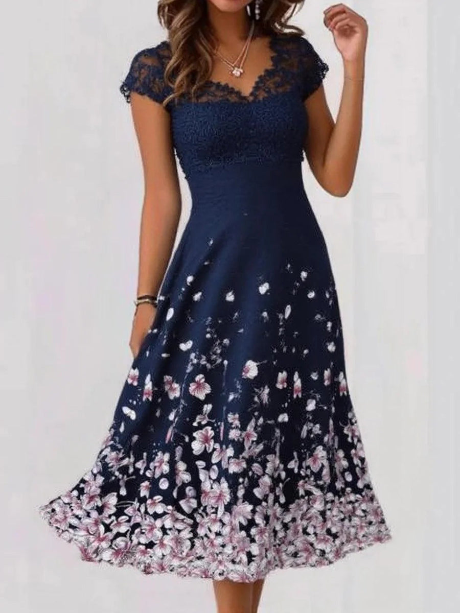 Blue Floral Print V-neck Short Sleeve Midi Dress