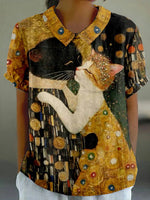 Cute Cartoon Cat Print Round Neck Short Sleeve Casual Blouse