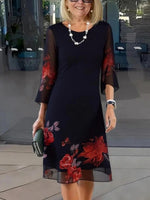 Gorgeous Floral Print Crew Neck 3/4 Sleeve Lightweight Elegant Mini Dress