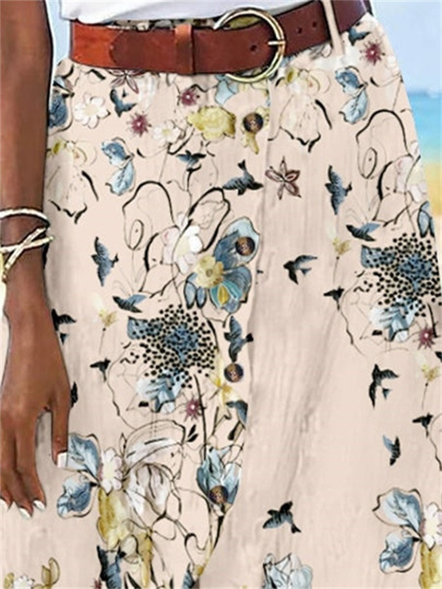 Floral Printed Graphic Straight Fashion Split Button Maxi High Waist Pants