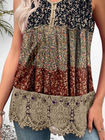 Graphic Lace V-neck Sleeveless Buttons Tops
