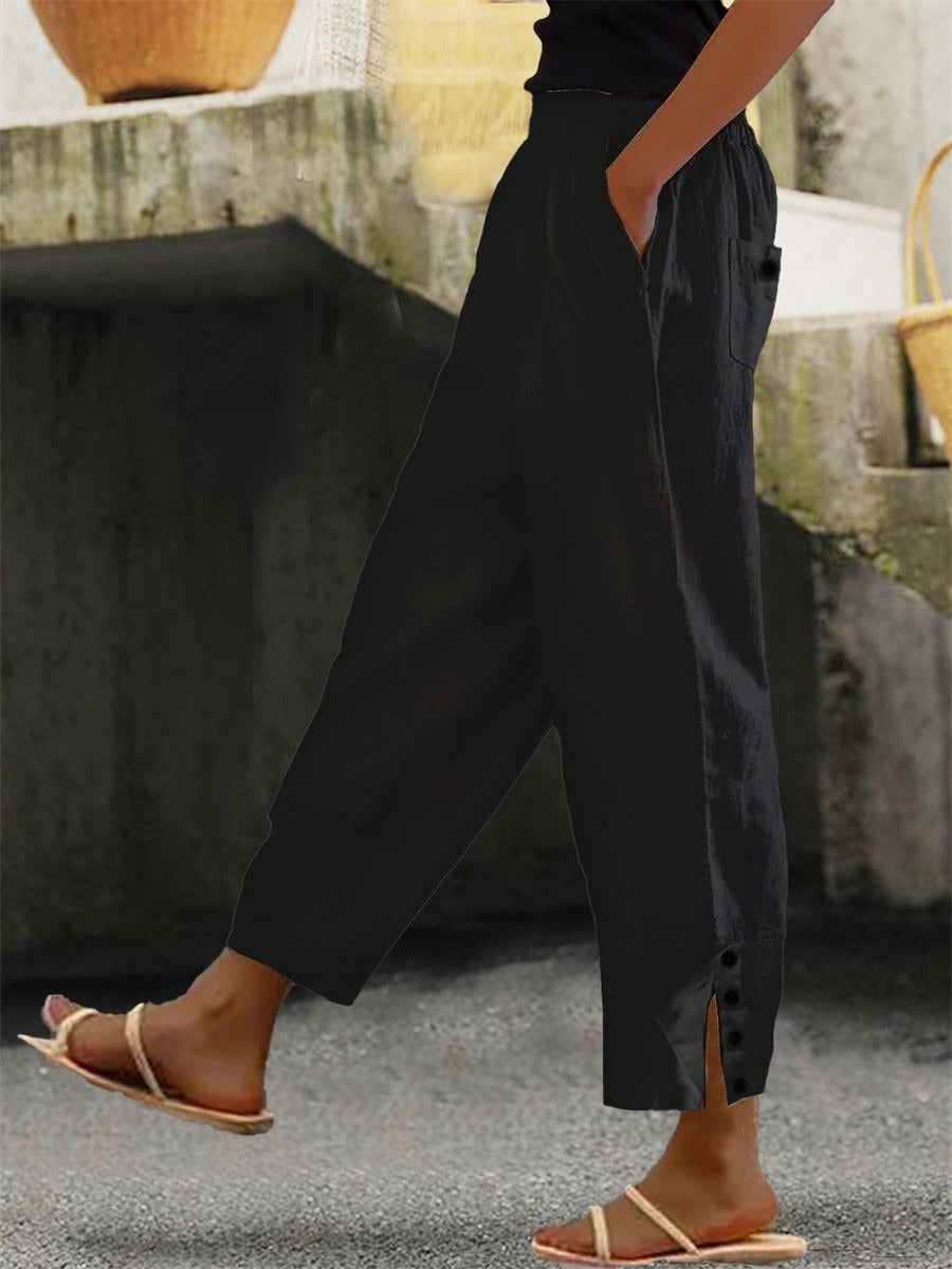 Plain Elastic Waist Buttoned Casual Loose Pants