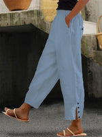 Plain Elastic Waist Buttoned Casual Loose Pants