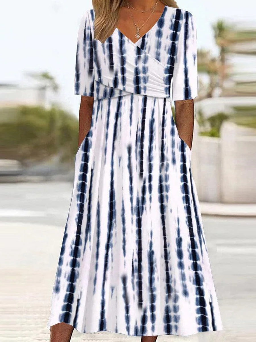 Abstract Stripe Print Side Pocket V-neck Short Sleeve Classy Midi Dress