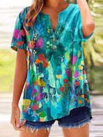 Chic Floral Print V-Neck Short Sleeve Comfy Blouse