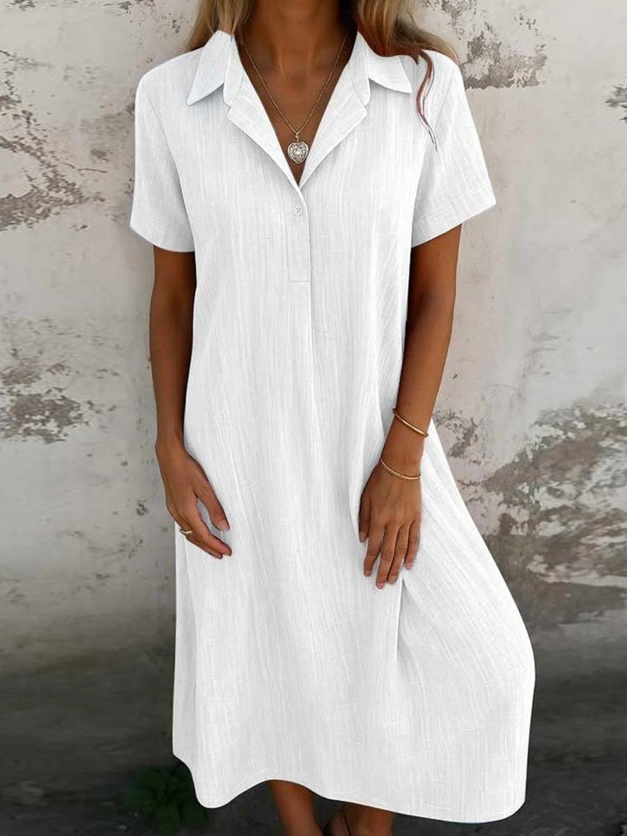 White Plain Stand Collar Short Sleeve Comfy Midi Dress
