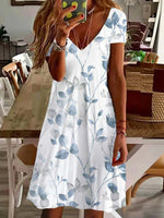 Leaf Print V-neck Short Sleeve Comfy Casual Midi Dress