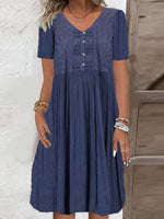 Blue Plain V-Neck Short Sleeve Casual Midi Dress