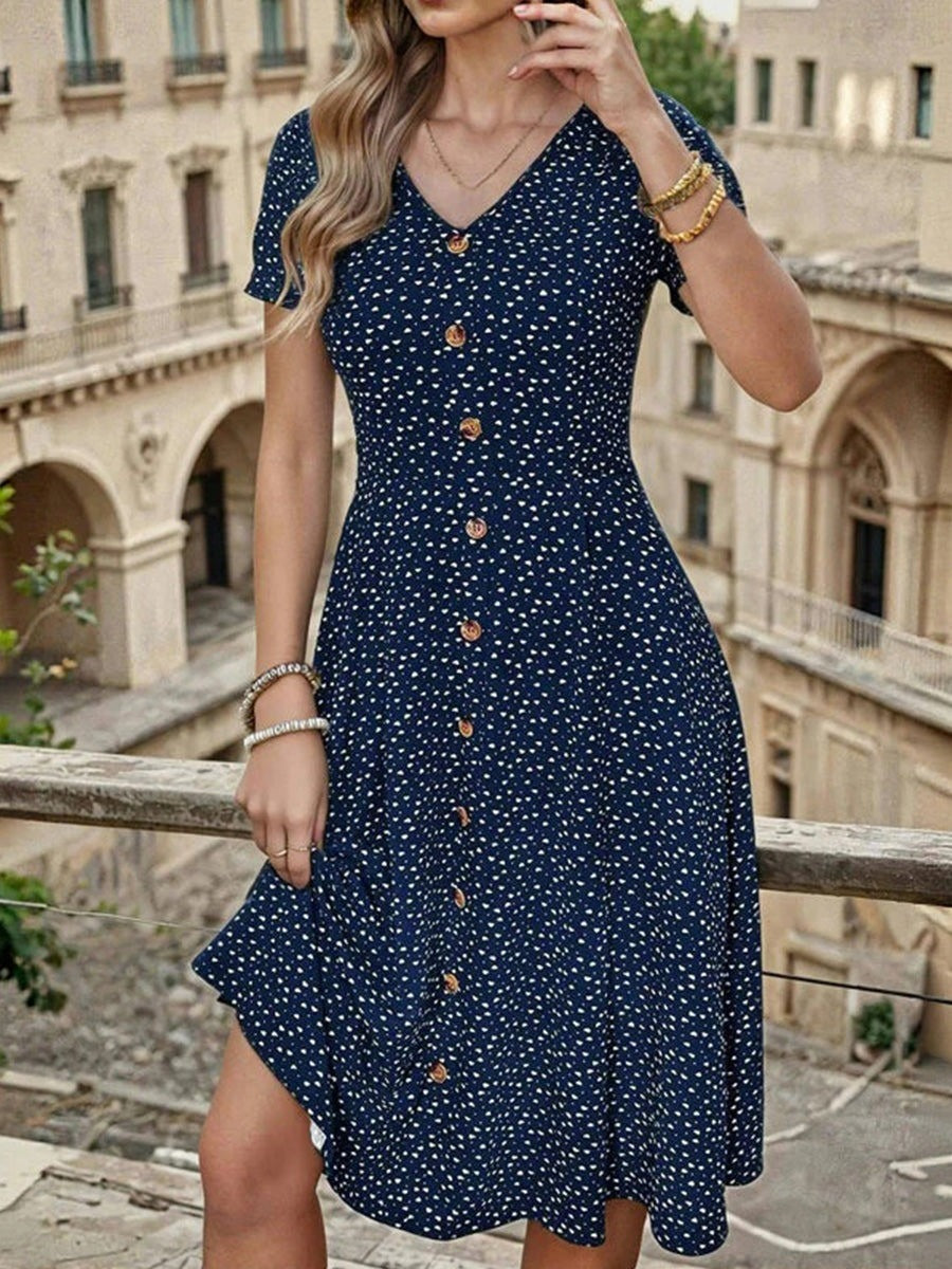 Polka Dot V-neck Short Sleeve Elegant Midi Dress