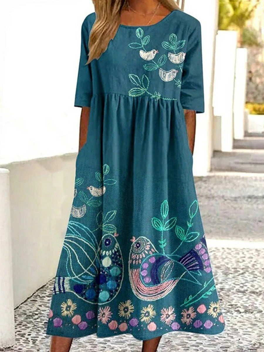 Bird and Floral Print Round Neck Half Sleeve Casual Maxi Dress