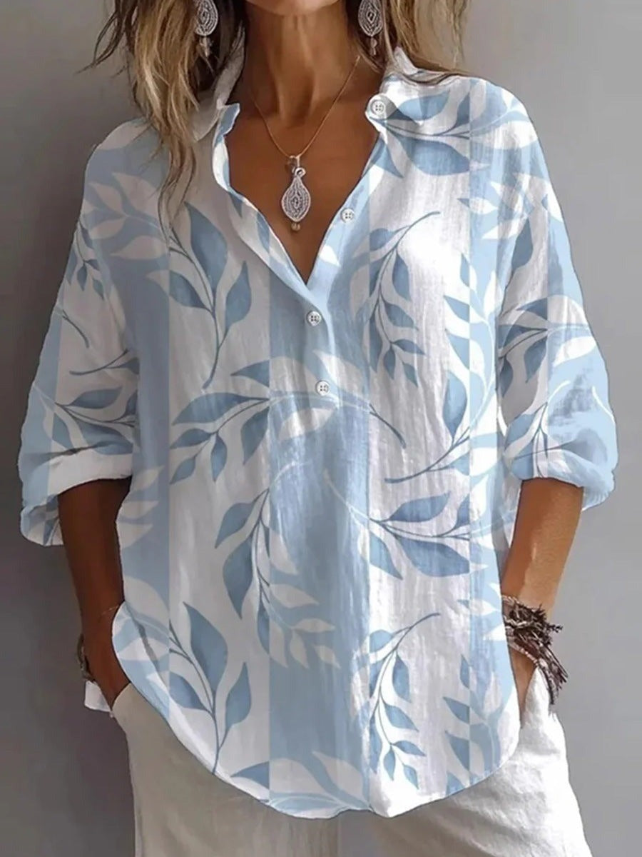 Floral Print Lapel 3/4 Sleeve Casual Loose Blouse
