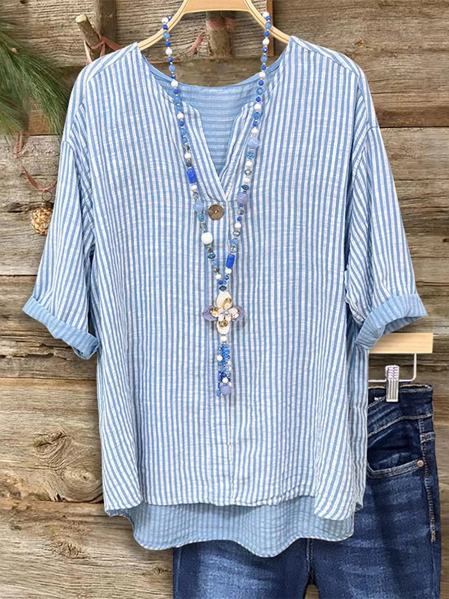 Blue Stripe Print V-neck Half Sleeve Casual Blouse