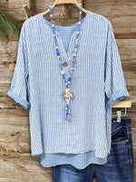 Blue Stripe Print V-neck Half Sleeve Casual Blouse