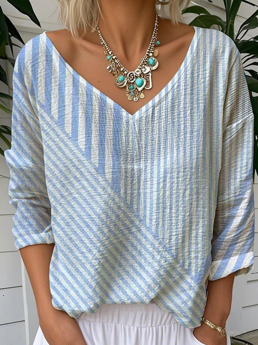Blue Asymmetric Stripe Print V-neck 3/4 Sleeve Loose Blouse