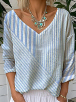 Blue Asymmetric Stripe Print V-neck 3/4 Sleeve Loose Blouse