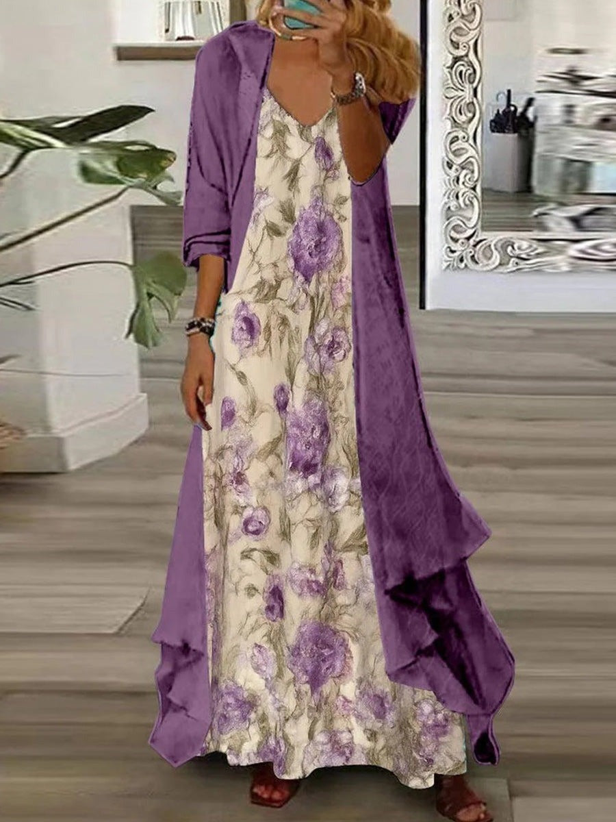 Purple Floral V-Neck Long Sleeve Comfy Two Pieces Maxi Dress