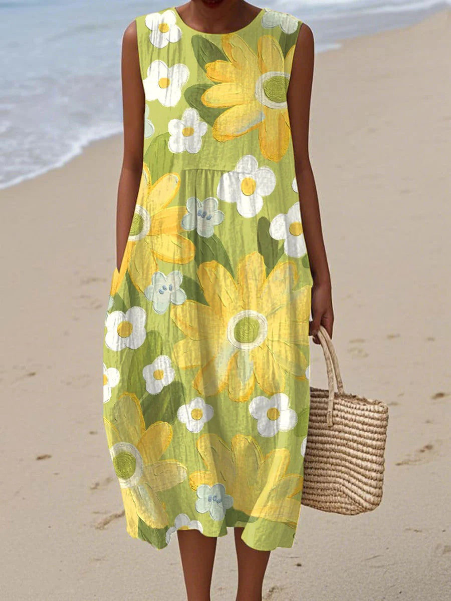 Vintage Flowers Art Print Crew Neck Sleeveless Comfy Vacation Maxi Dress