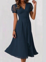 Navy Plain V-Neck Short Sleeve Lightweight Elegant Midi Dress