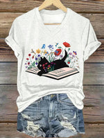 Cat Print V-neck Short Sleeve T-Shirt