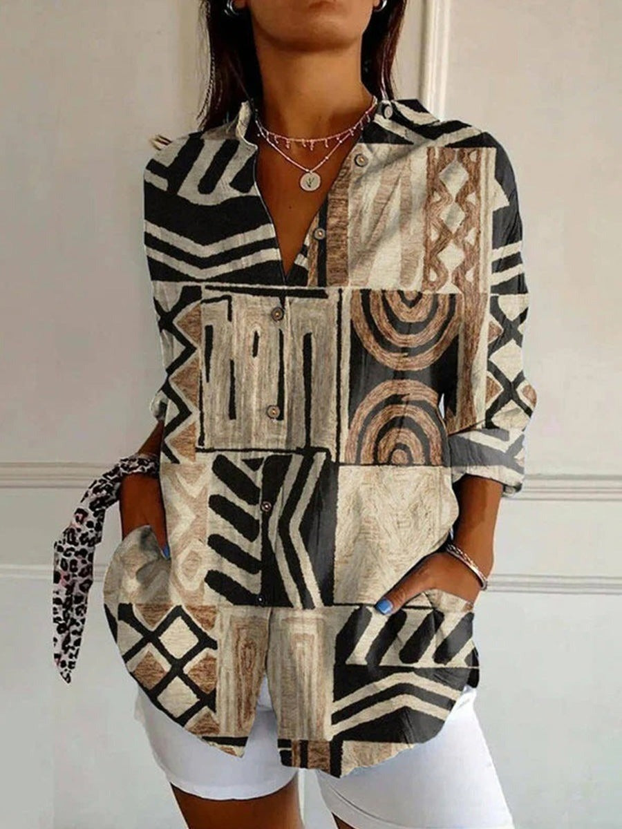Vintage Abstract Print Lapel Long Sleeve Tops