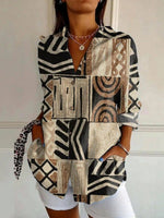 Vintage Abstract Print Lapel Long Sleeve Tops