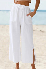 White Casual Solid Split Hem with Pockets Wide Leg Pants