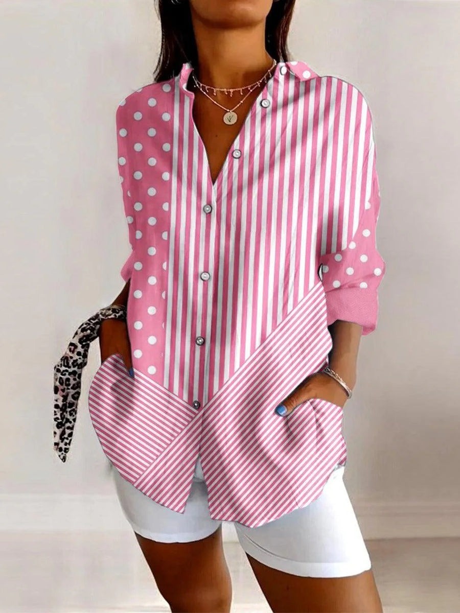 Asymmetric Stripe Print Shirt Collar Long Sleeve Casual Sweet Pink Shirt