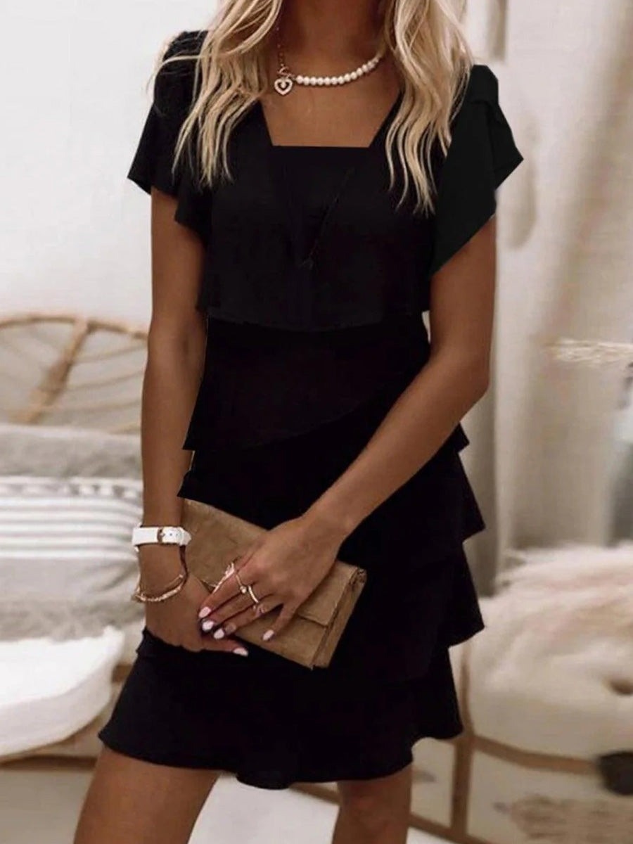 Black Plain Square Neck Short Sleeve Multi-layered Comfy Mini Dress