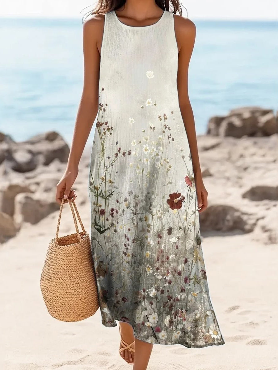 Floral Print Crew Neck Sleeveless Casual Comfy Midi Dress