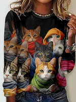 Black Cute Cats Printed Crew Neck Long Sleeve Casual Blouse