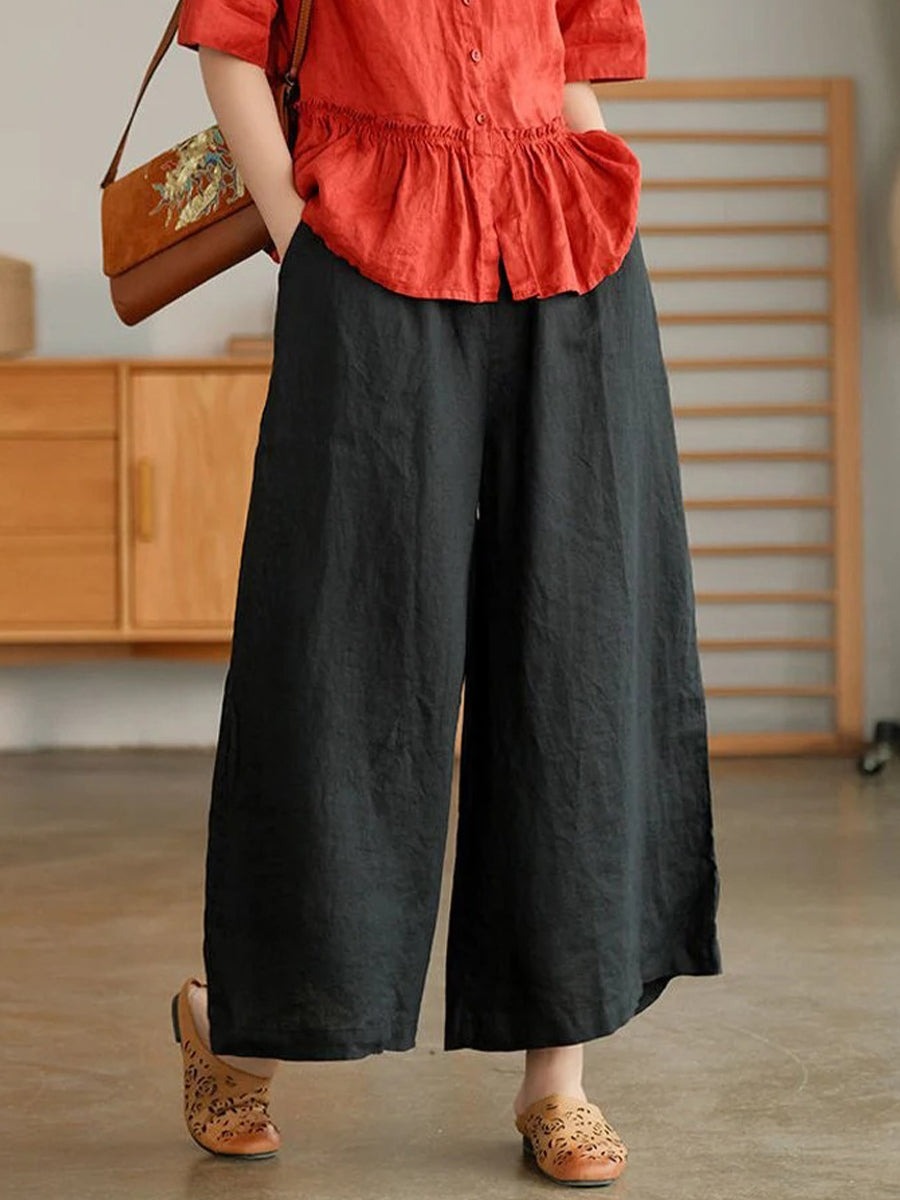 Plain Side Pocket Casual Loose Wide Leg Pants