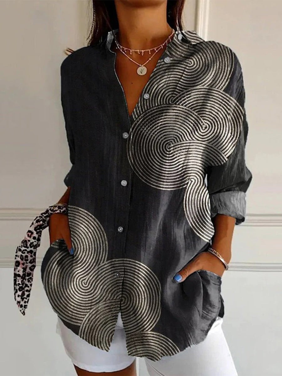 Vintage Geometric Print Lapel Long Sleeve Casual Blouse