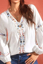 V-neck White Graphic Tops Floral Printed Long Sleeve Casual Blouse