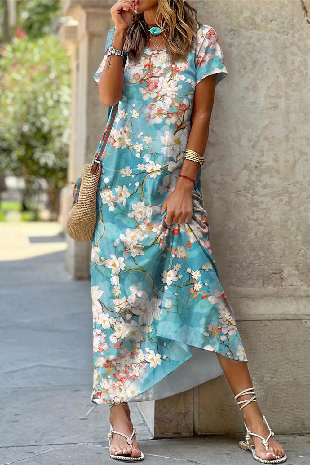 Fresh Floral Print Crew Neck Short Sleeve Comfy Vacation Maxi Dress
