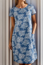 Blue Floral Round Neck Short Sleeve Pockets Casual Mini Dress