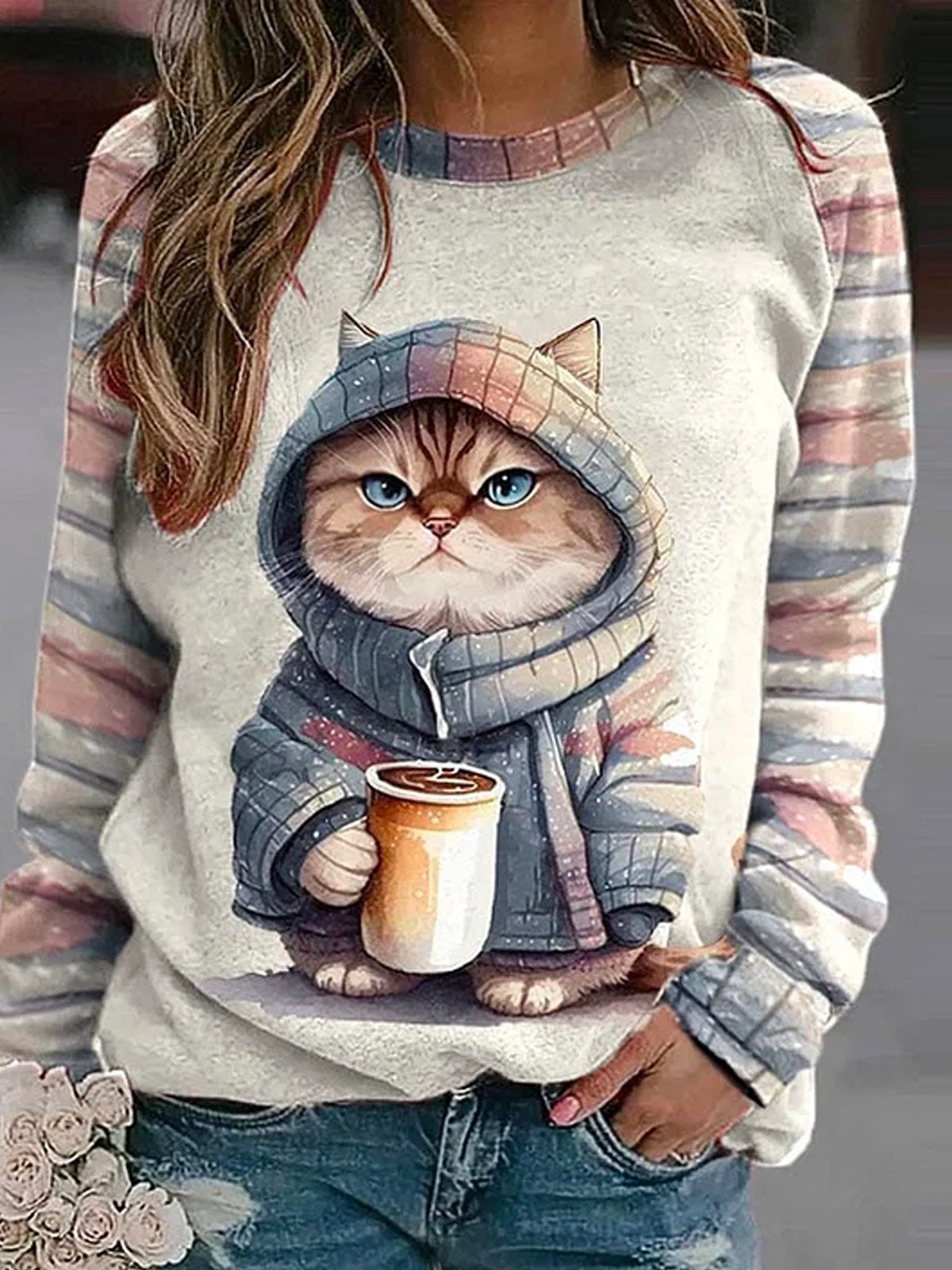 Cute Cartoon Cat Print Crew Neck Long Sleeve Casual Sweatshirt