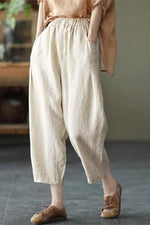 Beige Soild Color Elastic Waist Casual Pants with Pockets