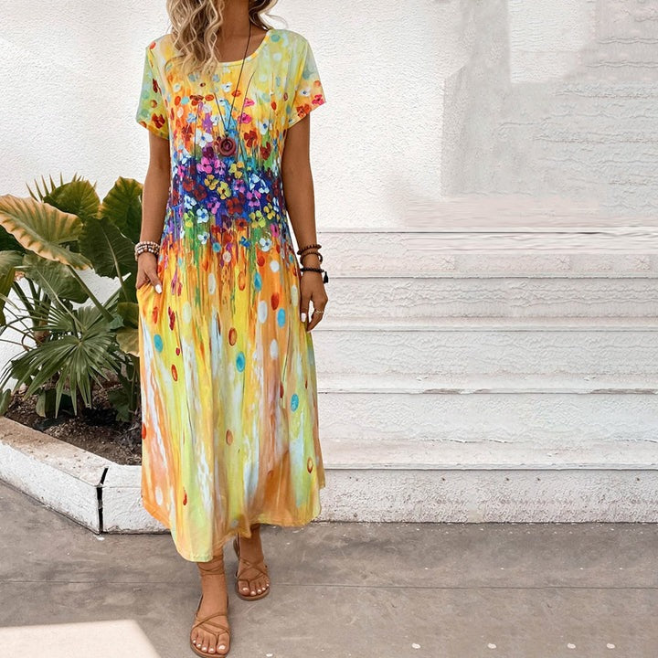 Summer Colourful Bohemian Round Neck Short Sleeve Midi Dress