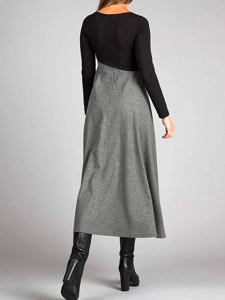 Color Block Round Neck Long Sleeve Maxi Dress