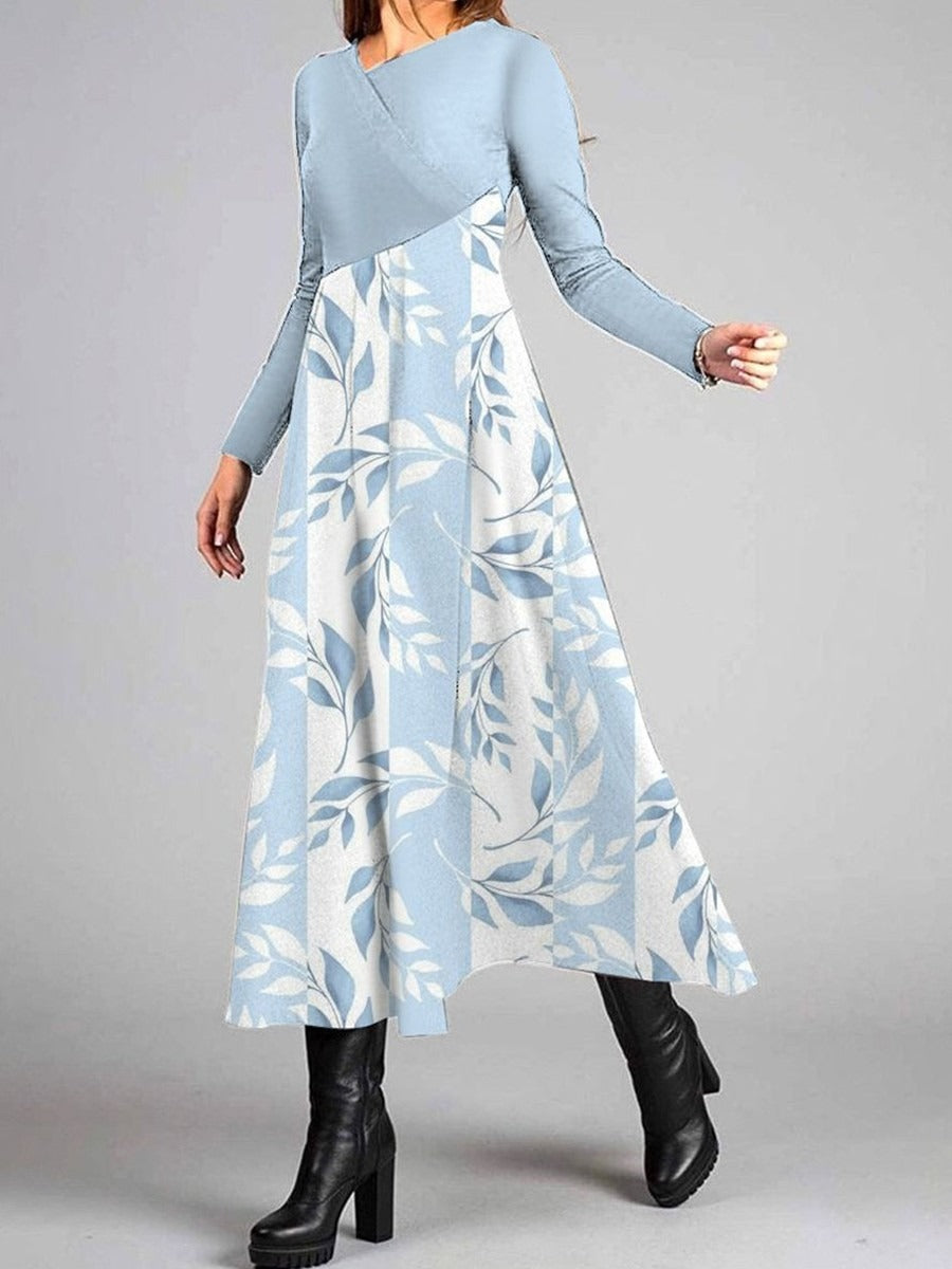 Color Block Round Neck Long Sleeve Maxi Dress