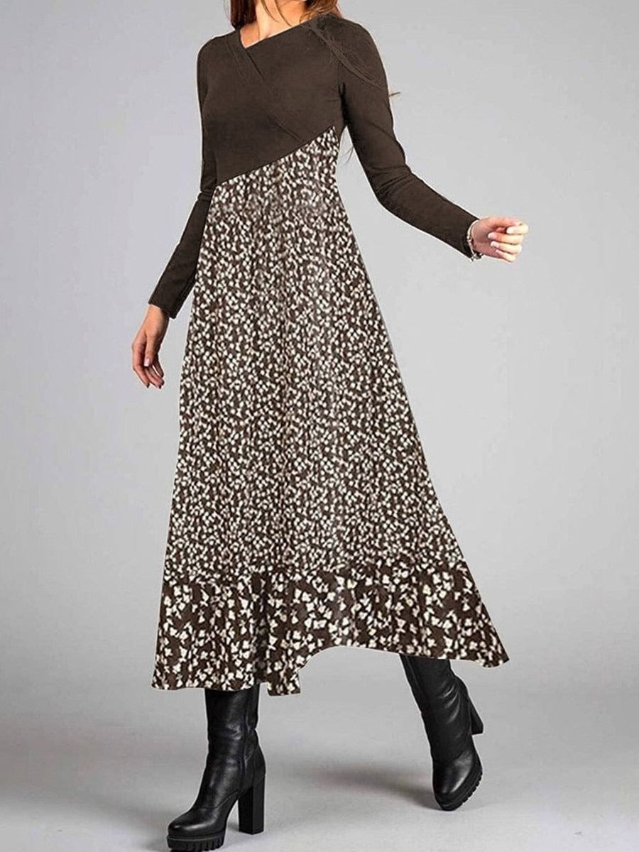 Color Block Round Neck Long Sleeve Maxi Dress