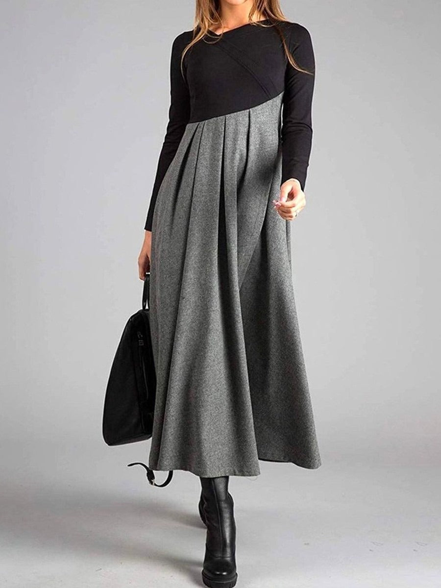 Color Block Round Neck Long Sleeve Maxi Dress