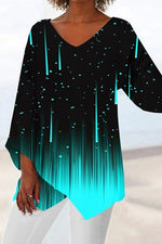 V-neck Black Graphic Tops Long Sleeve Printed Irregular Hem Blouse