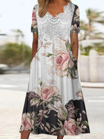 Graphic Printed Lace Stitching V-neck Short Sleeve Midi Dress