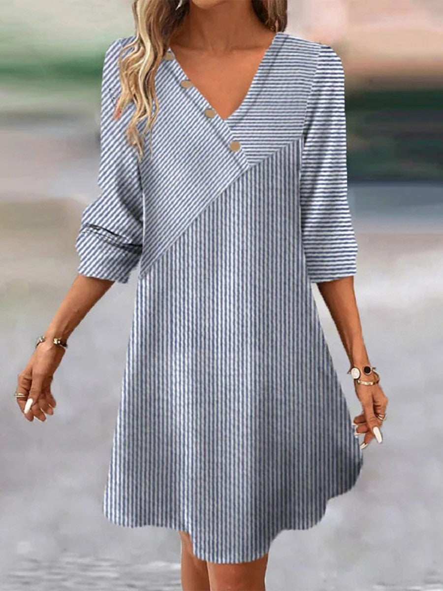 Casual Striped V-neck 3/4 Sleeve Mini Dress
