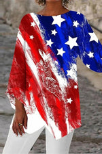 Round Neck American Flag Tops Colorblock Printed Long Sleeve Blouse